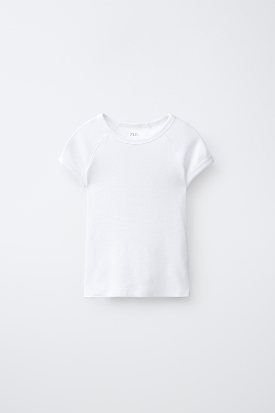 ZARA ОДНОТОННАЯ ФУТБОЛКА ИЗ ХЛОПКА И МОДАЛА, БЕЛЫЙ