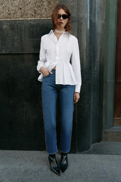ZARA ДЖИНСЫ Z1975 SLIM STRAIGHT СО СРЕДНЕЙ ПОСАДКОЙ И ЖЕМЧУГОМ, СИНИЙ