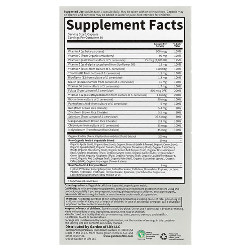Garden of Life, Vitamin Code®, Raw One™ для женщин, 30 вегетарианских капсул
