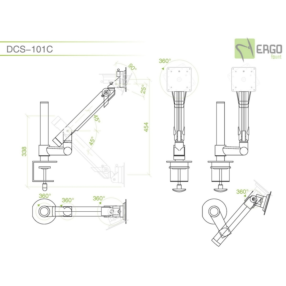 ErgoFount DCS-101C Шарнирное настольное крепление для монитора диагональю до 27'' с газово-пружинным амортизатором и зажимом к столу типа "С". Цвет - серебристый
