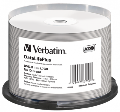 Оптический диск Verbatim DVD-R 4.7GB 16X AZO DataLifePlus Wide Thermal Printable, Spindle, 50 шт