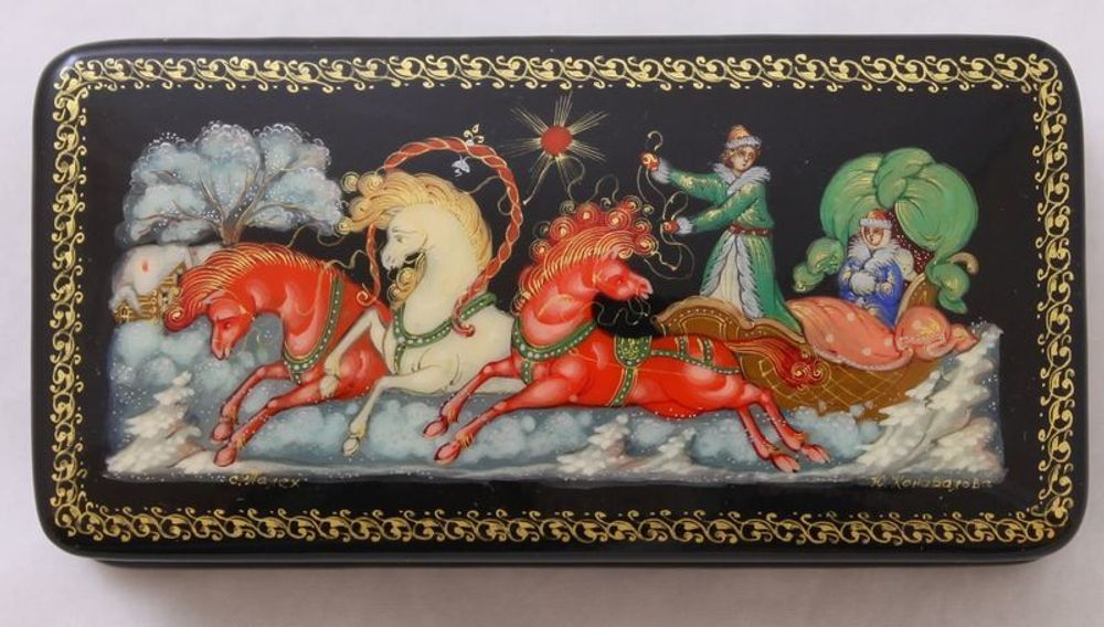Шкатулка Палех  под ручку "Тройка. Зимние гуляния" Худ. Быкова 20×6см