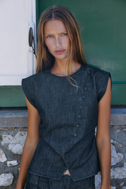 ZARA ДЖИНСОВЫЙ ТОП Z1975 С ОБТЯЖНЫМИ ПУГОВИЦАМИ, СИНИЙ