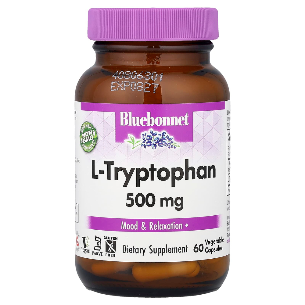 Bluebonnet Nutrition, L-триптофан, 500 мг, 60 растительных капсул