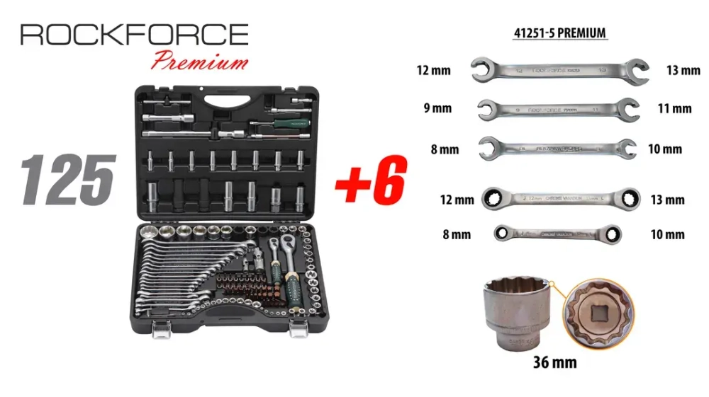 Набор инструментов 125+6пр.1/4''1/2''(6-гран.)(4-36мм,36-12гр.)+(ключи трещоточные:8х10,12х13мм, ключи резрезные:8х10,9х11,12х13мм) RockFORCE RF-41251-5 PREMIUM