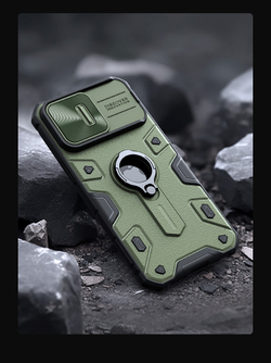 Чехол противоударный зеленого цвета для смартфона iPhone 15 Pro Max, серия CamShield Armor (версия с отверстием под лого) от Nillkin