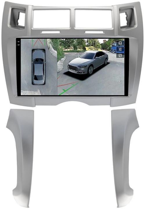 Магнитола для Toyota Vitz 2, Yaris 2 2005-2011 (рамка серебро тип 2) - FarCar BX9-360-9647F2S монитор 9.5" 2K QLED на Android 13, Быстрая, CarPlay, 4G SIM-слот, 4 камеры в комплекте