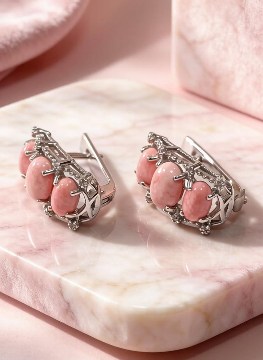 Ювелирные серьги из серебра 925 пробы,вставка коралл,фианиты