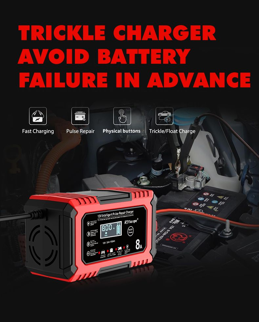 Устройство зарядное для аккумулятора (Pb / AGM / LiFePo4)12V 8A RJTianye красное