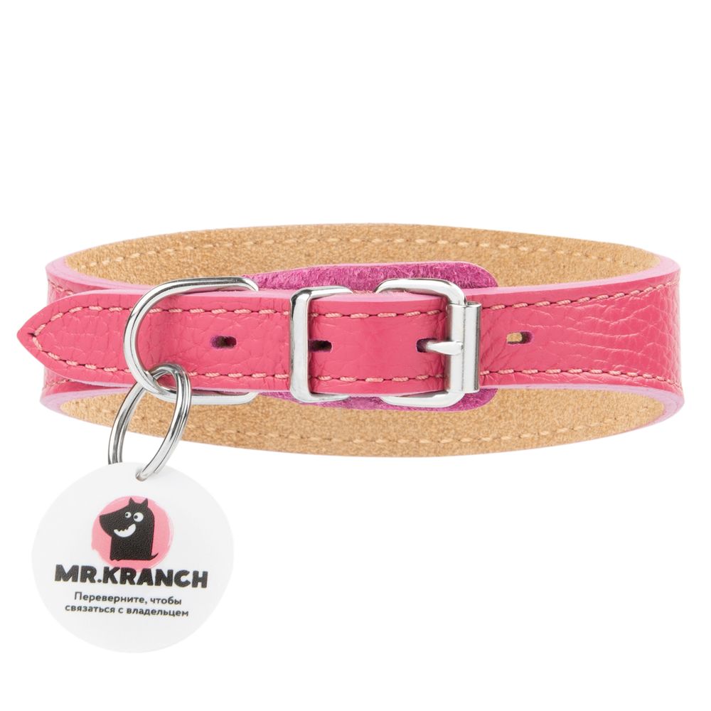 Ошейник-селедка Mr.Kranch для собак из натуральной кожи с QR-адресником 21-25см розовый Ошейник-селедка Mr.Kranch для собак из натуральной кожи с QR-адресником 21-25см розовый