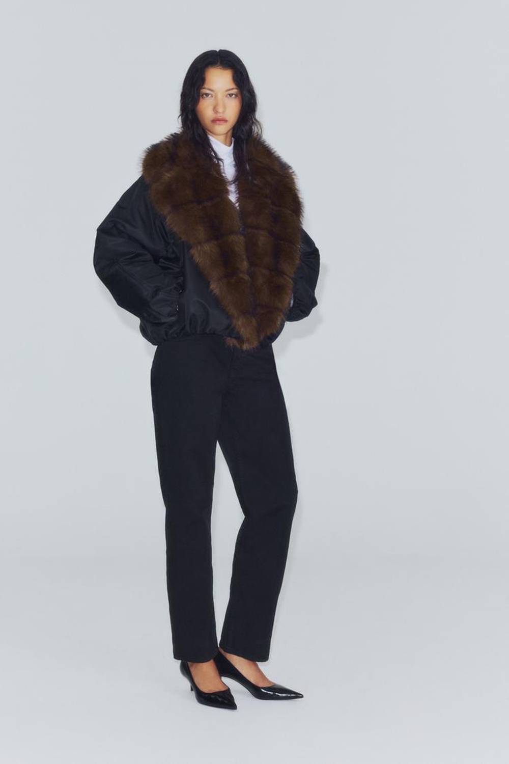 ZARA БОМБЕР С ВОРОТНИКОМ С ОТДЕЛКОЙ ПОД МЕХ — ZW COLLECTION, ЧЕРНЫЙ