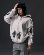 White Zip Hoodie with Signature Ornament Embroidery
