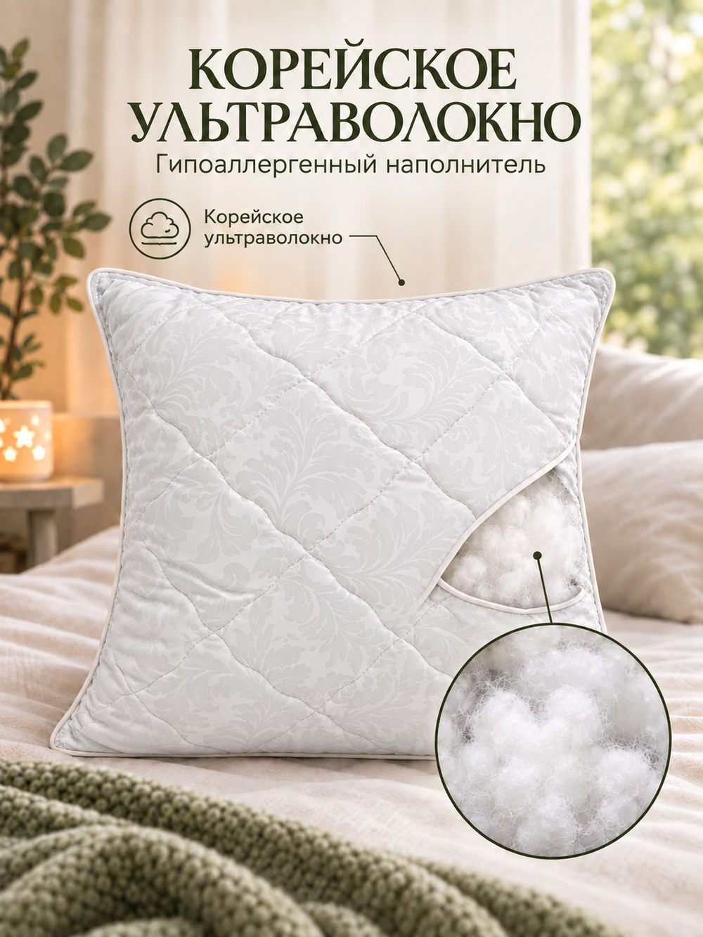 Подушка 60х60 для сна, чехол 100% хлопок, вензеля
