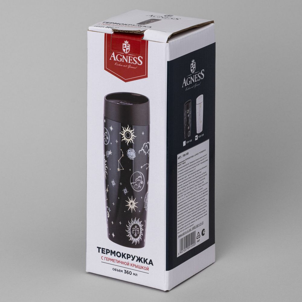 ТЕРМОКРУЖКА AGNESS "SUPERNOVA BLACK" 360МЛ, КОЛБА НЕРЖ.СТАЛЬ 18/10