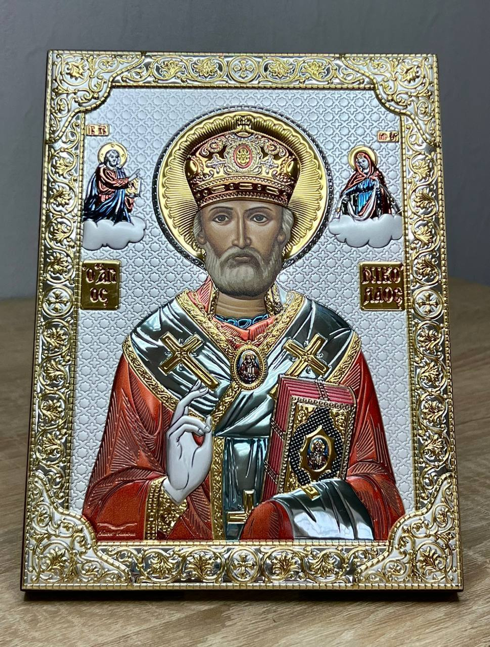 Николай Чудотворец, икона прямоугольная без рамки, красное дерево, эмаль 120х160