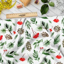 Ткань интерлок рябина с шишками и листьями