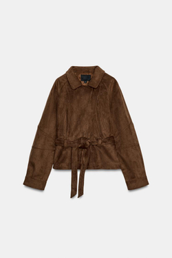 ZARA КУРТКА ИЗ ИСКУССТВЕННОЙ ЗАМШИ С ПОЯСОМ, СВЕТЛО-КОРИЧНЕВЫЙ