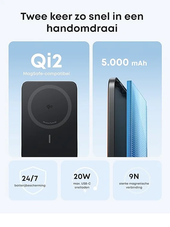 Ультратонкий внешний аккумулятор Anker Nano MagGo (A1665) 5000 мАч, 20W, MagSafe, Qi2, черный