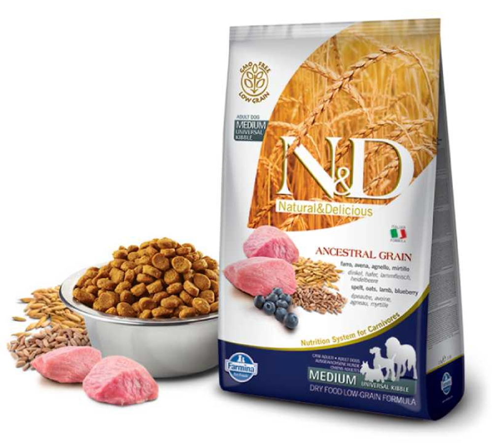 Сухой корм FARMINA N&D Ancestral Grain для взрослых собак средних и крупных пород с ягненком и черникой - 2,5 кг