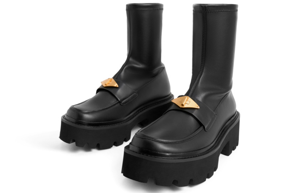 CHARLES&KEITH Small Ck PU Ankle Boots 5.1cm Women"s Black/Chalk White/BLACK TEXTURED Black Textured