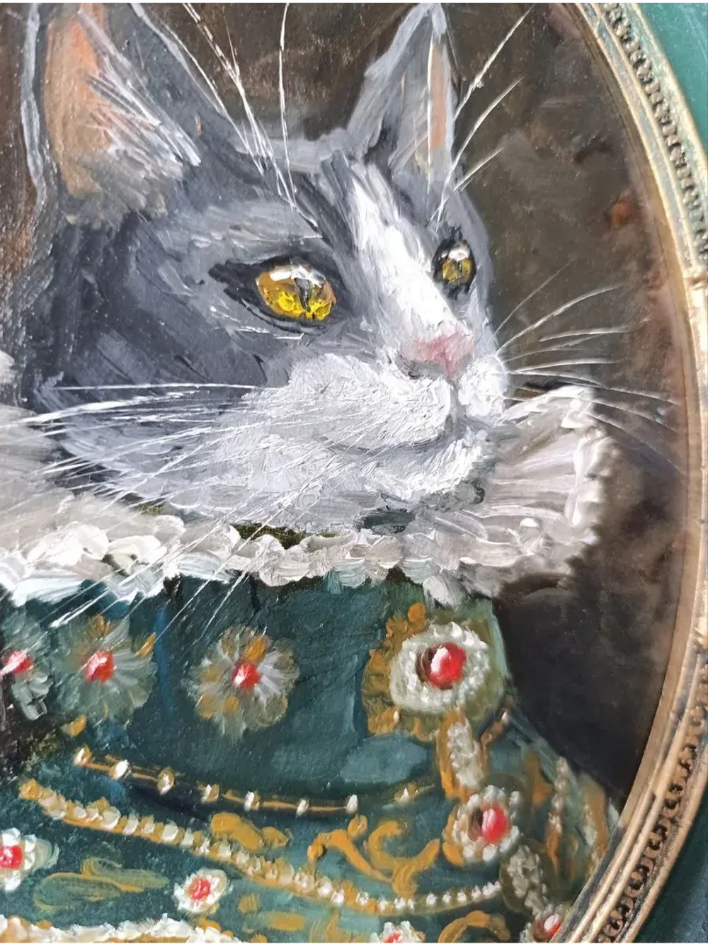 Картина маслом в овальной рамке Кот