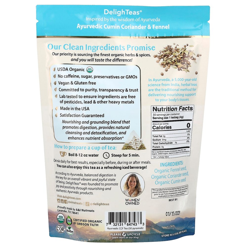DelighTeas, Ayurvedic Cumin, Coriander & Fennel, травяной чай для выведения токсинов, без кофеина, 30 роскошных чайных пакетиков Pyramid, 120 г (4,2 унции)