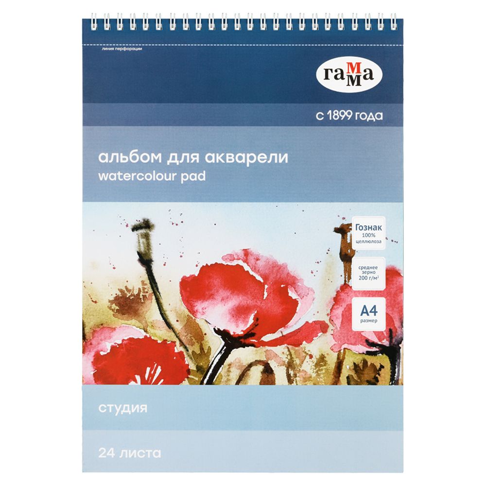 Альбом для акварели А4, 20л, на спирали, среднее зерно 200гр/м, Гамма Студия