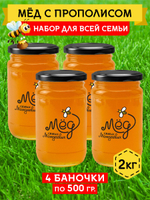 Мёд натуральный с прополисом набор (4 банки по 500 г), 2000 г