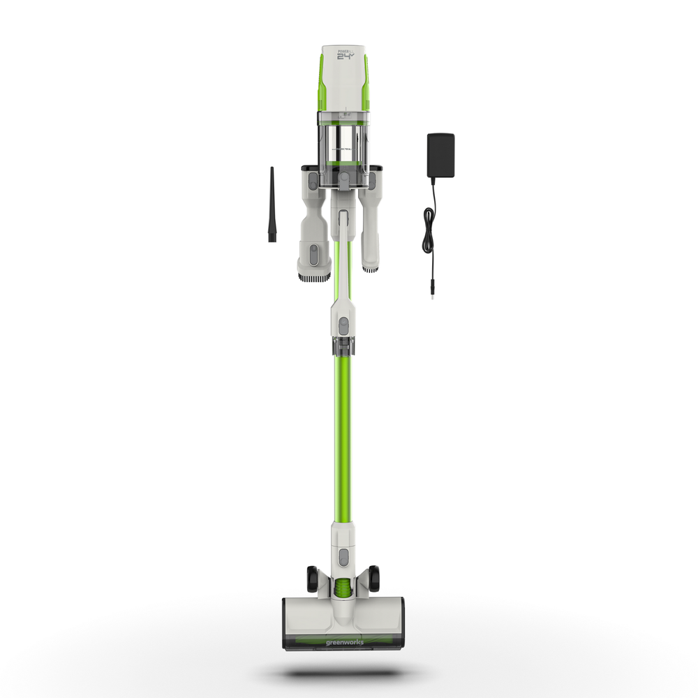 Пылесос вертикальный акк. Greenworks SV24532, 24V, б/щет, 350 Вт, 21 кПа, электрощетка, 3 насадки, LED, белый+зеленый, без АКБ с ЗУ (4702007)