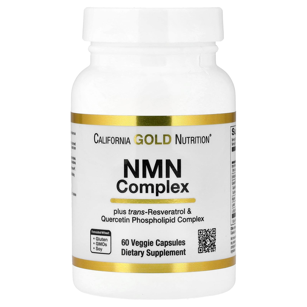 California Gold Nutrition, комплекс с NMN, транс-ресвератролом, фитосомным комплексом кверцетина, апигенином и лютеолином, 60 вегетарианских капсул