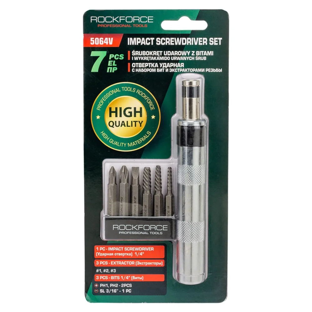 Отвертка ударная с набором бит и экстракторами резьбы 7пр. RockFORCE RF-5064V