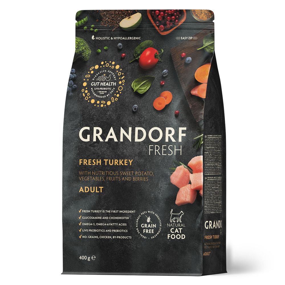Беззерновой корм с живыми пробиотиками GRANDORF Fresh Cat ADULT Turkey&Sweet Potato Свежее мясо индейки с бататом для кошек 400 г Беззерновой корм с живыми пробиотиками GRANDORF Fresh Cat ADULT Turkey&Sweet Potato Свежее мясо индейки с бататом для кошек 400 г