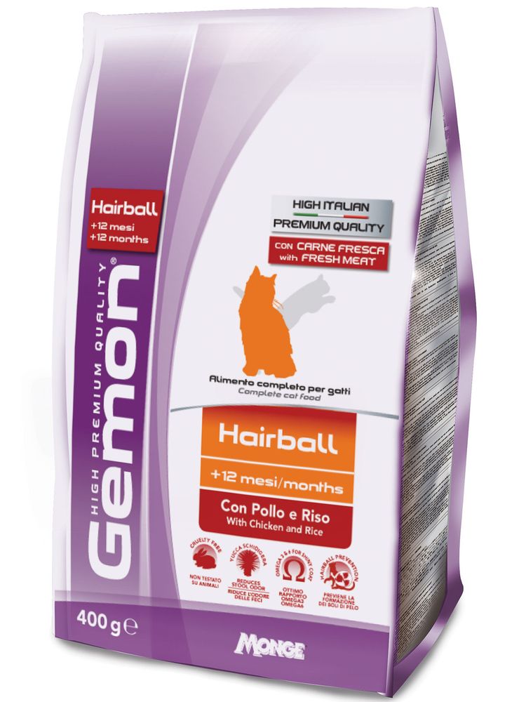 Сухой корм Gemon Cat Hairball, для выведение шерсти, для взрослых кошек, с курицей и рисом 400 г Сухой корм Gemon Cat Hairball, для выведение шерсти, для взрослых кошек, с курицей и рисом 400 г