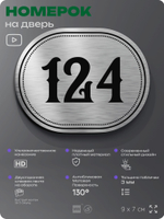 Номерок на дверь квартиры 124, для кабинета, офиса, шильдик 9 х 7 см, серебристый, Айдентика Технолоджи