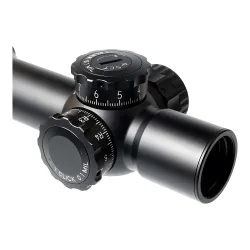Прицел March-F 1-10x24 Shorty DR-TR1FB FFP+SFP 30мм, с кронштейном - крупный план объектива и барабанчиков