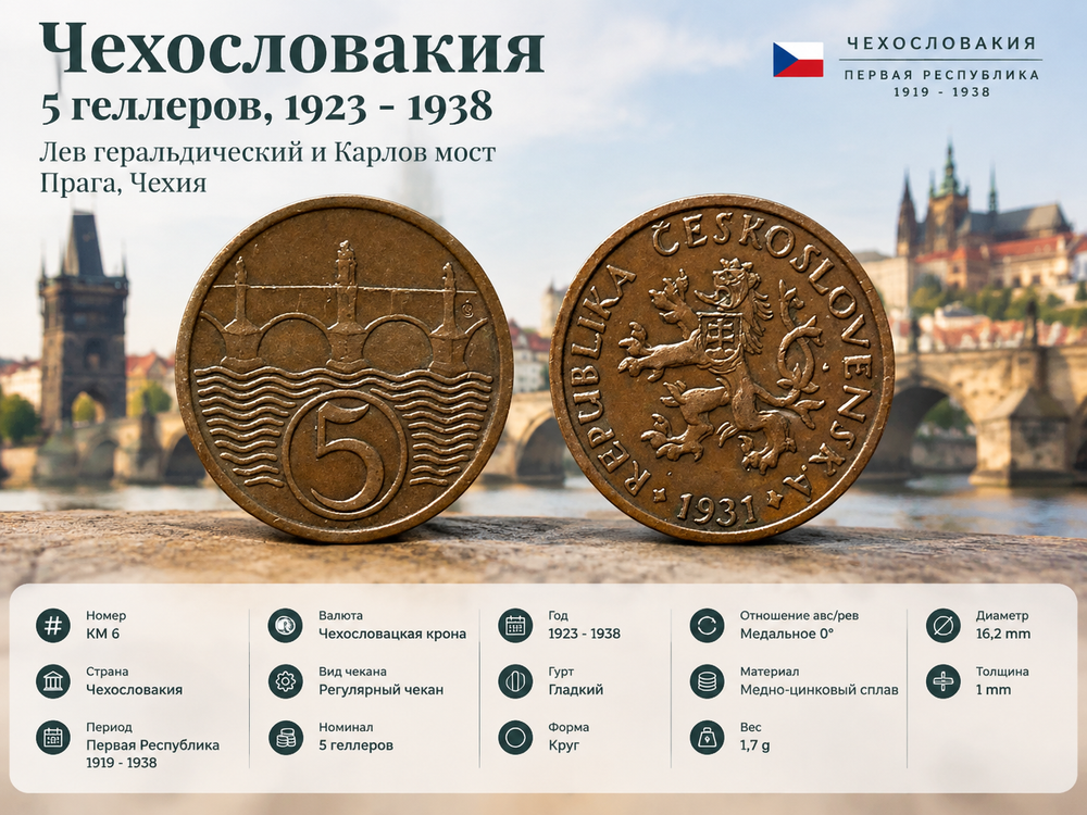Чехословакия 5 геллеров, 1931 Карлов мост XF
