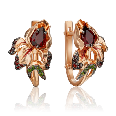 Серьги «Ирисы» с английским замком из красного золота с гранатами, хромдиопсидами и эмалью