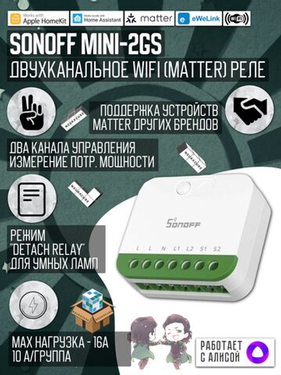 Умное Двухканальное WiFi (Matter) реле SONOFF MINI-2GS (10А/2200Вт-на канал)