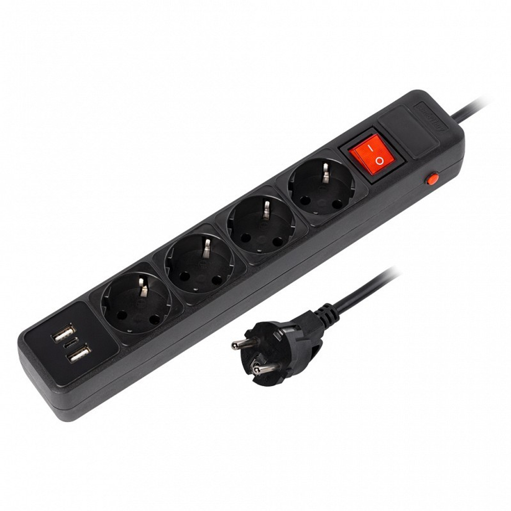 Сетевой фильтр c USB+Type C, 16А, 4 гнезда, c з/ш, с з/к, ПВС, 3 м, черный (SBSP-30C-K)
