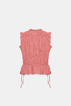 ZARA ТОП В КЛЕТКУ ВИШИ С РЮШАМИ, БЕЛЫЙ/КРАСНЫЙ