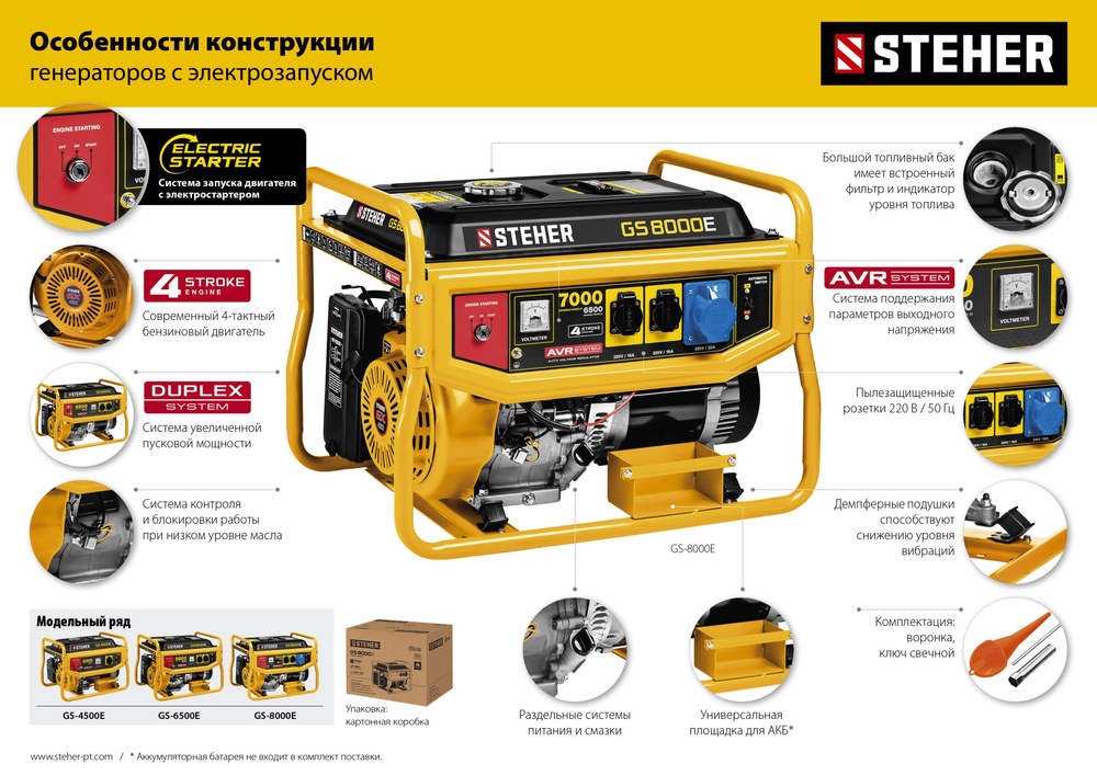 Генератор бензиновый с электростартером 7000 Вт 220В STEHER GS-8000E