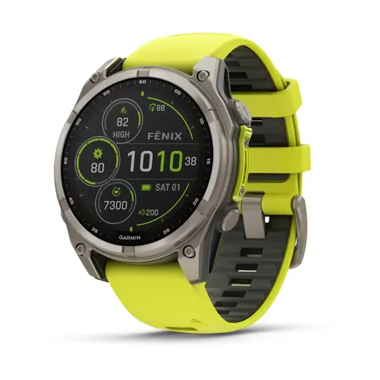 Мультиспортивные GPS часы Garmin Fenix 8 (47 mm) Solar, Sapphire Titanium with Amp Yellow/Graphite Silicone Band 010-02906-21