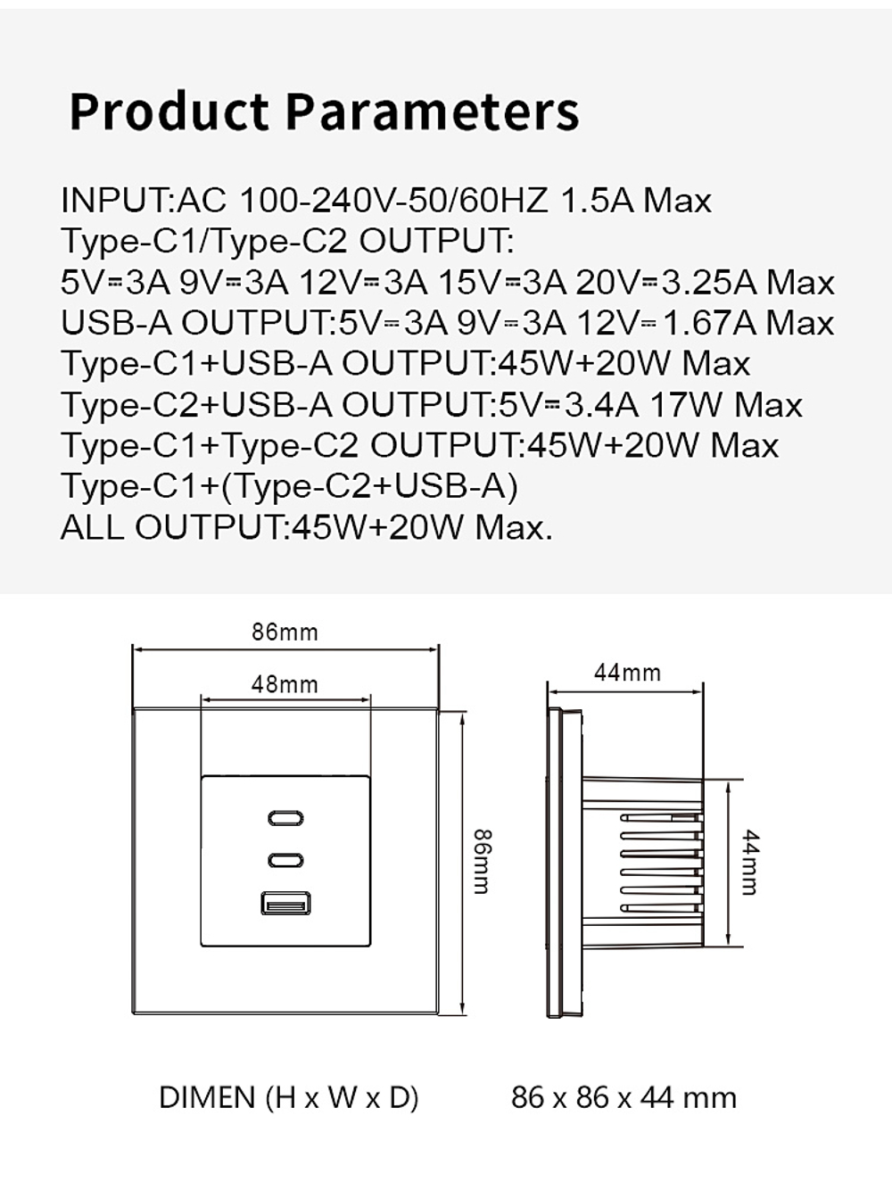 Блок зарядки в рамку 65W TYPE A+C+C 65WUSB СЕРЫЙ
