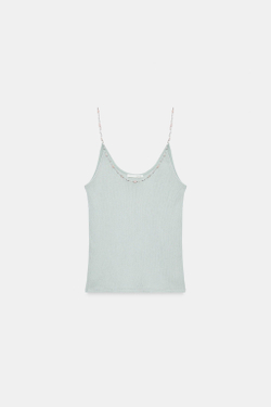 ZARA ТРИКОТАЖНЫЙ ТОП С БУСИНАМИ, ЖЕМЧУЖНО-СЕРЫЙ