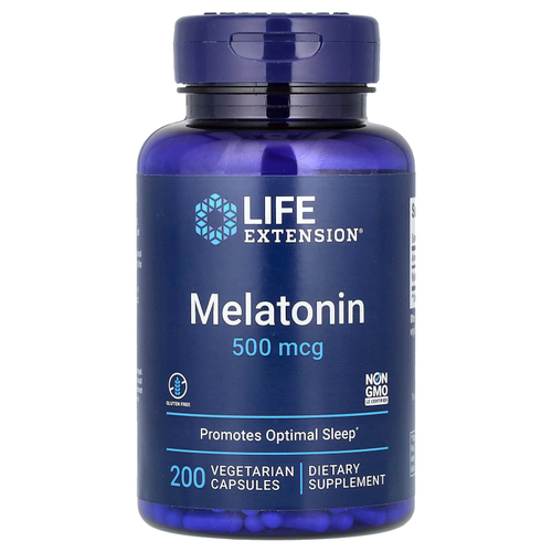 Life Extension, Мелатонин, 500 мкг, 200 вегетарианских капсул