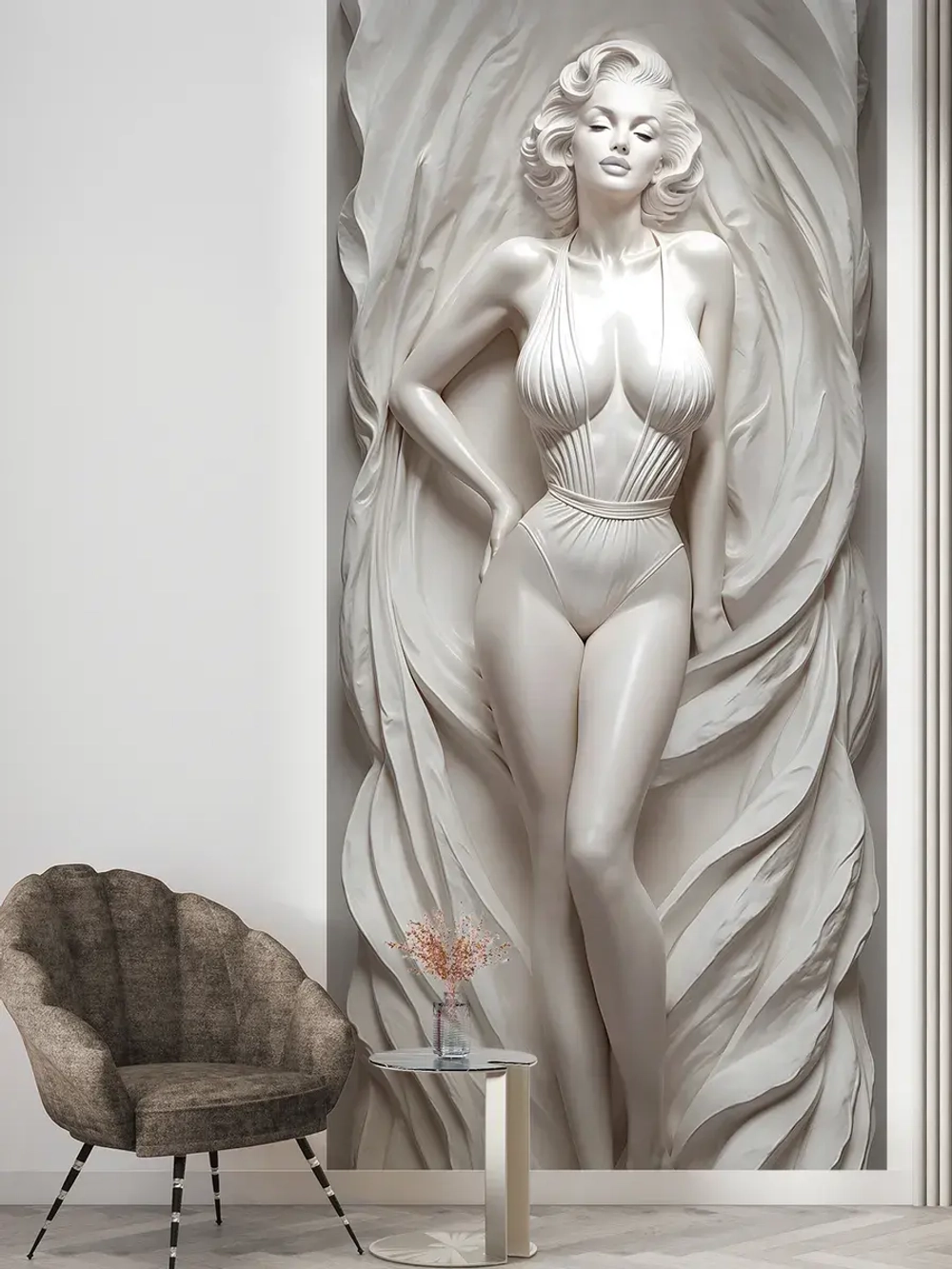 Объемные 3D Фотообои "Мэрлин Монро из мрамора" в стиле барельеф