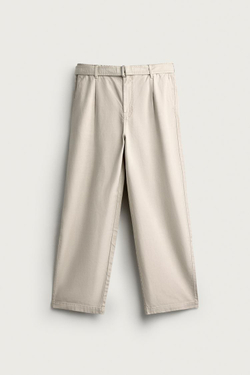 ZARA БРЮКИ RELAXED FIT СО СКЛАДКАМИ И РЕМНЕМ, СВЕТЛО-СЕРЫЙ