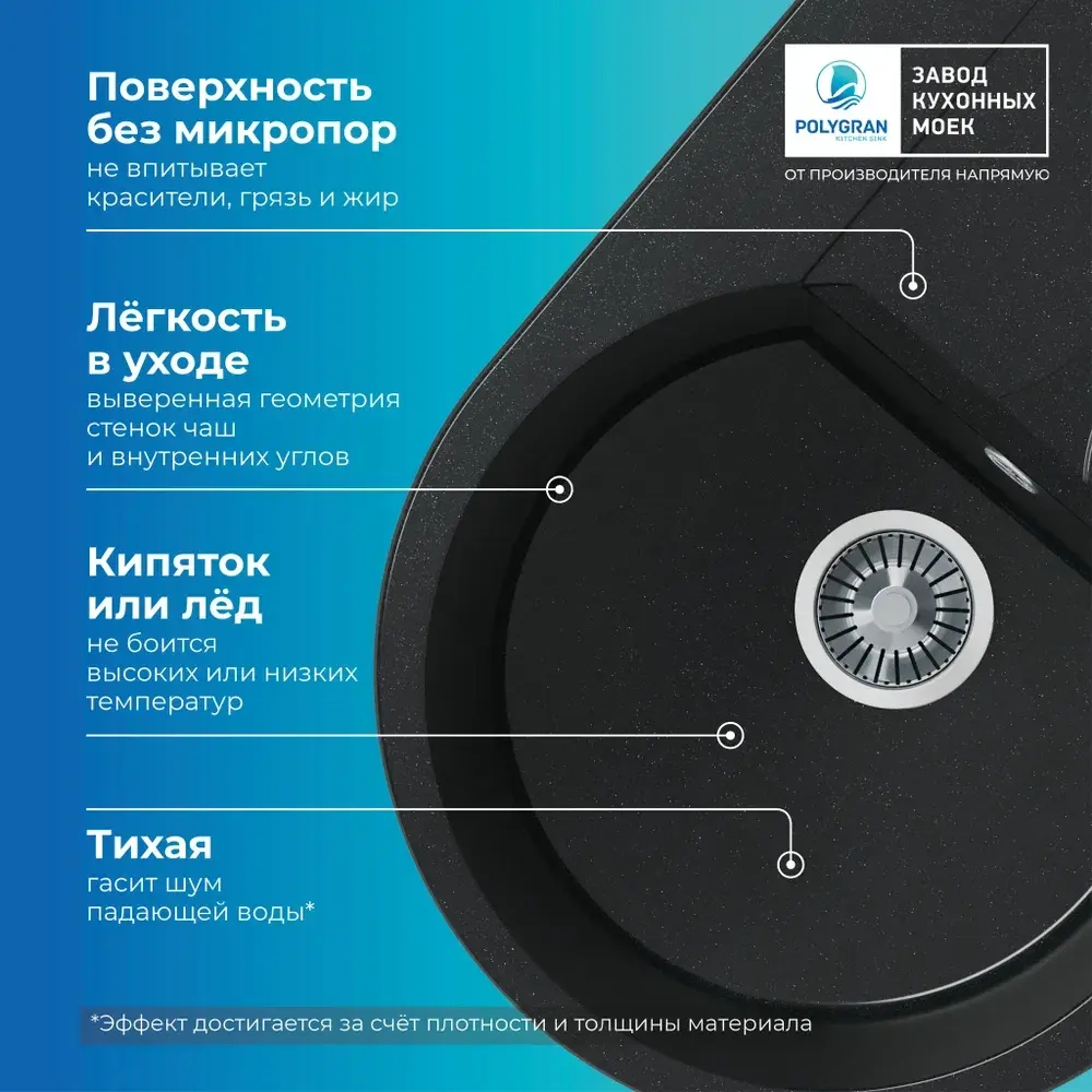 Мойка POLYGRAN ATOL-760 черный №16, смеситель SKS5 черный