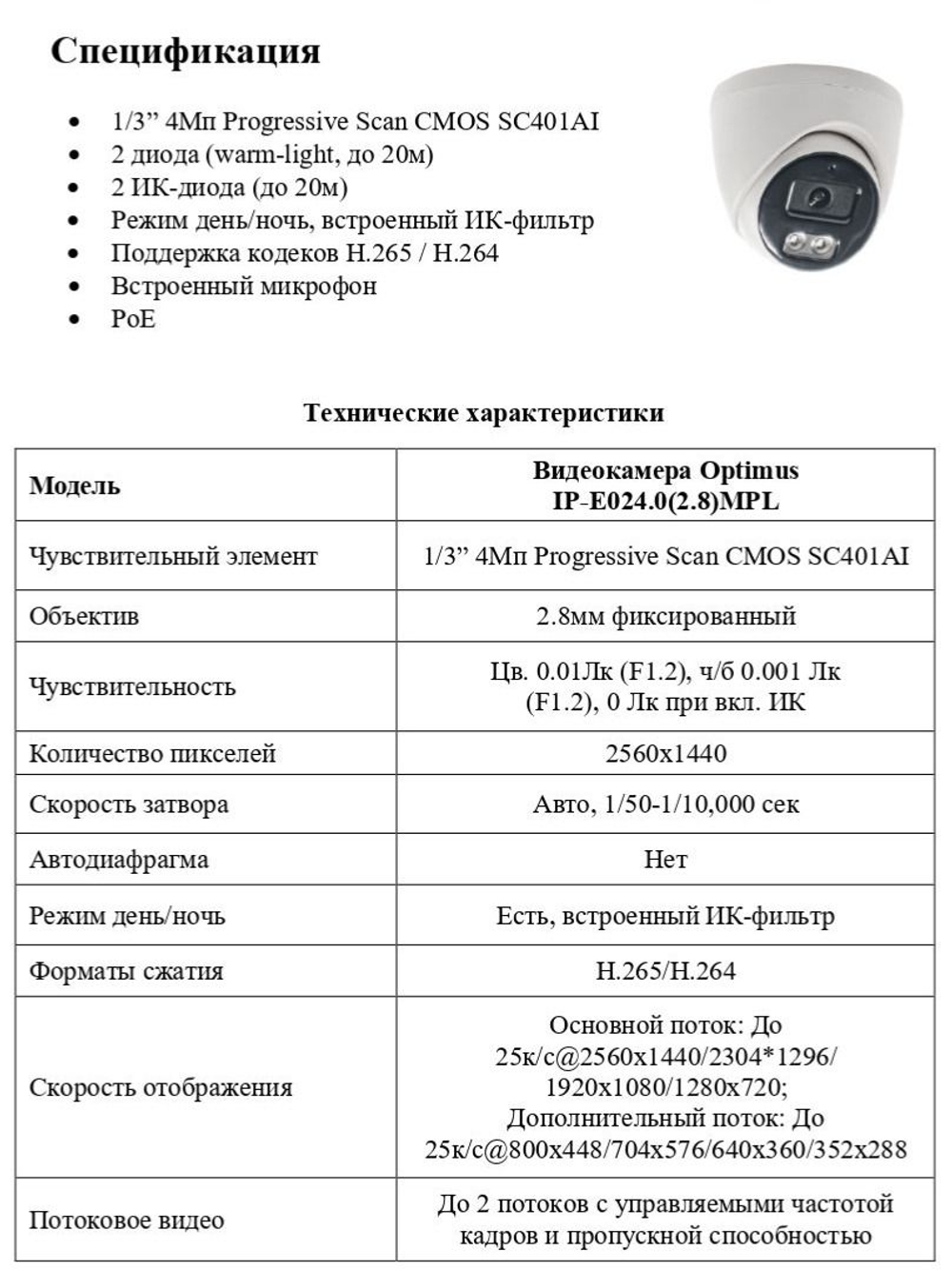 Видеокамера Optimus IP-E024.0(2.8)MPL