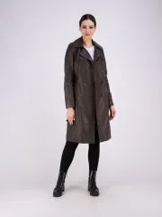 Тренч длинный кожаный с поясом плащ на весну